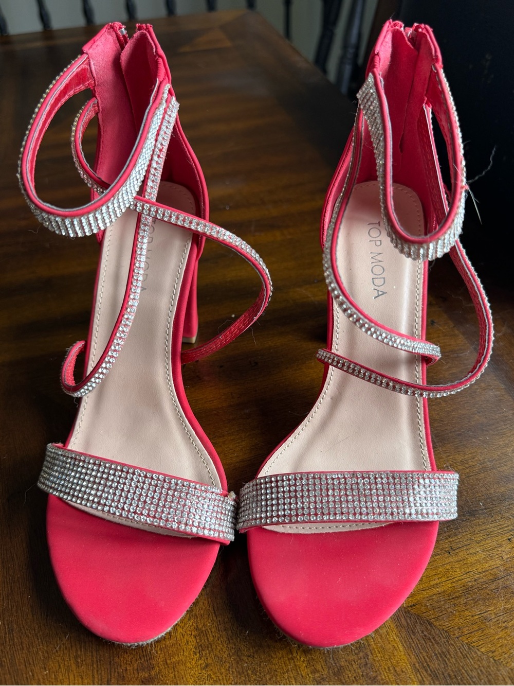 TOP Moda Red Rhinestone Strappy High Heels